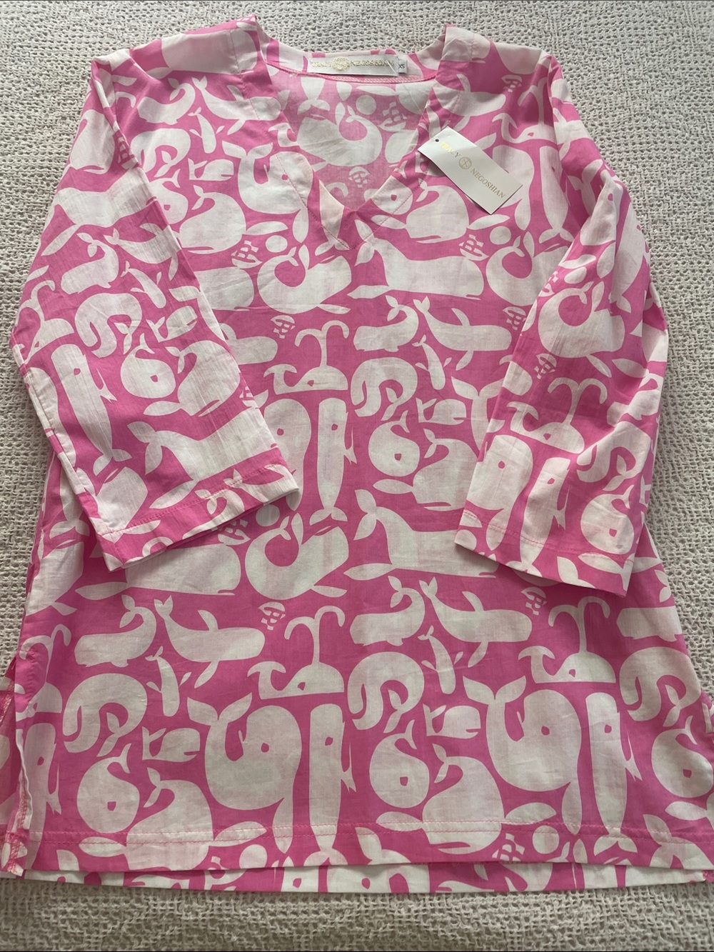 Tracy Negoshian Pink and White Whale-Print  Top. NWT. XS. All cotton